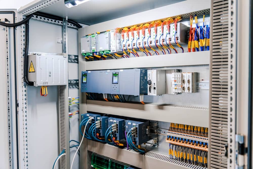 Organized wiring inside a commercial electrical control cabinet